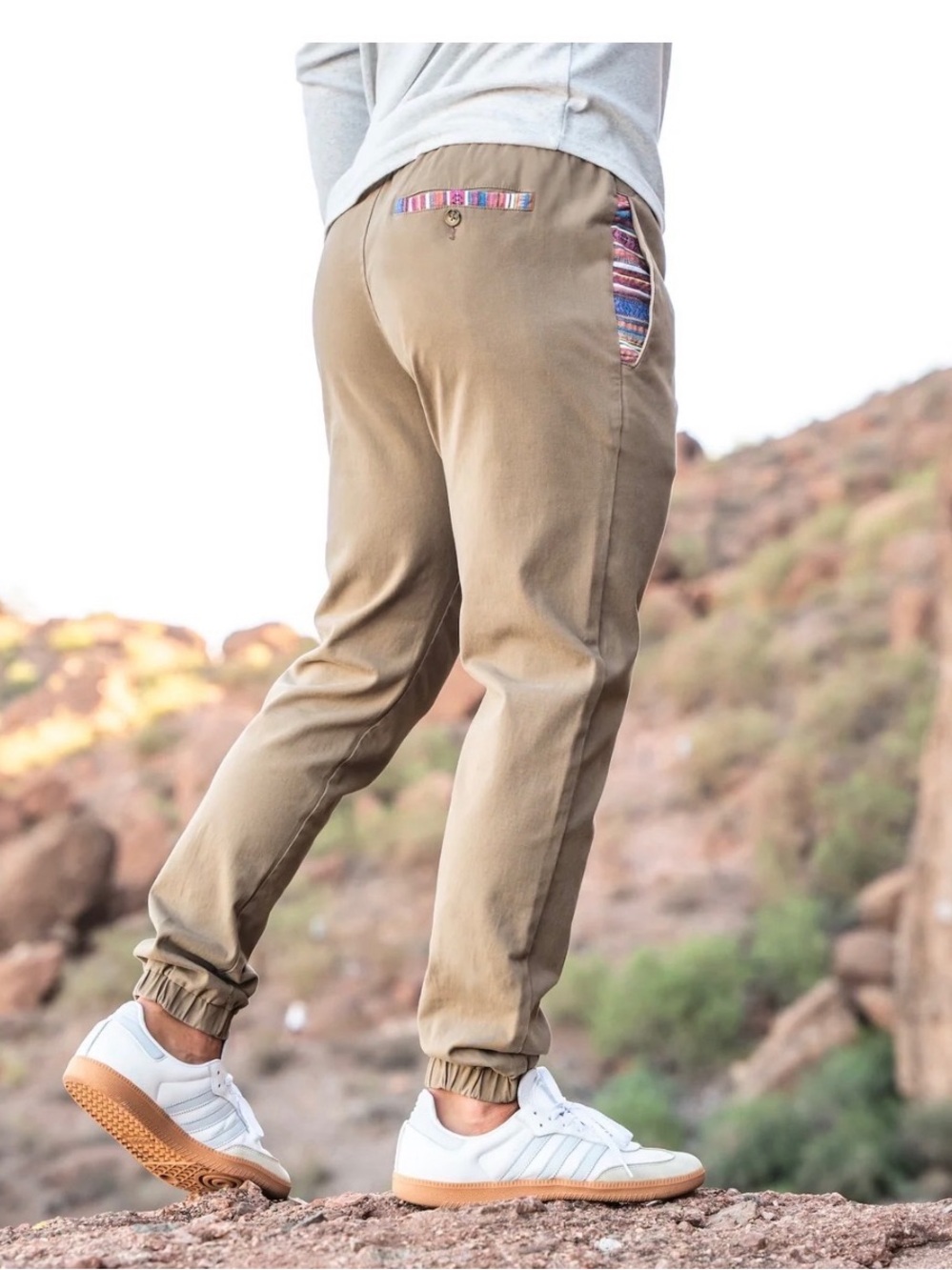 Men's Khaki Jogger Sweatpants with Patterned Pocket Trim